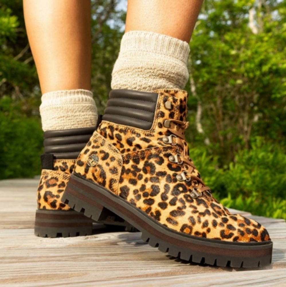 NWT Timberland London Square Leopard Print Calf Hair Mid Hiker Safari Boots - Picture 2 of 15